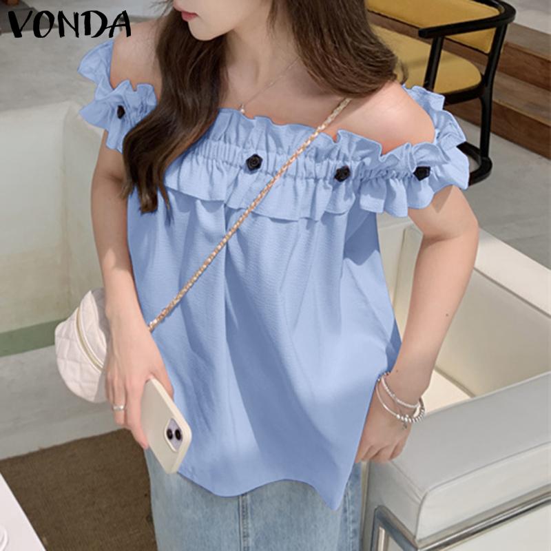 VONDA Женские летние блузки с коротким рукавом и оборками на открытых плечах 5XL синий — фото 3