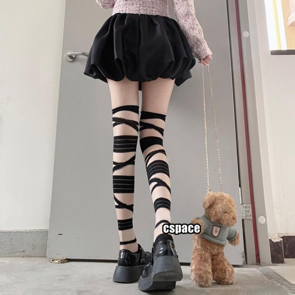 

Sexy Ultrathin Long Stockings Nylon Bandage Stripe Tube Stockings Transparent Stripe Over The Knee Socks Y2k Fashion 35-39 чёрный