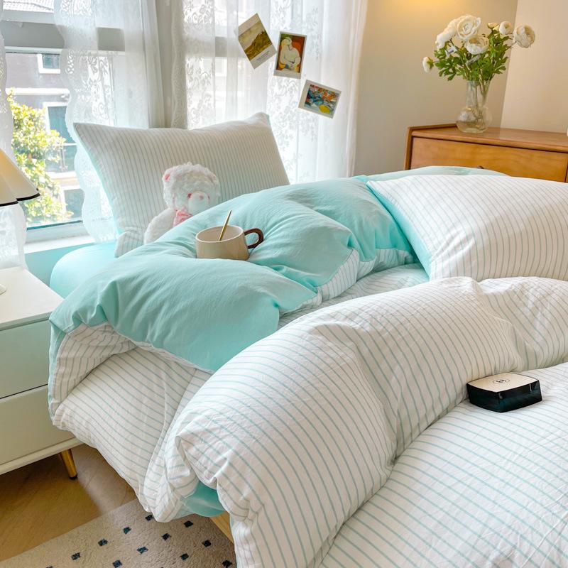 Minimalist Washed Cotton Bedding Set: Three-Piece for Dorm Beds, Includes Sheet, Duvet Cover, and Four Pillowcases