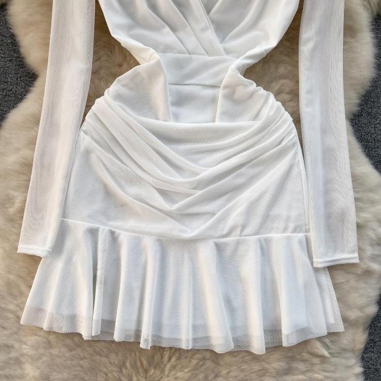 Women Casual Sleeve Long Neck V Solid Color Dress Waist High A Line Sheath Spring Elastic Mini