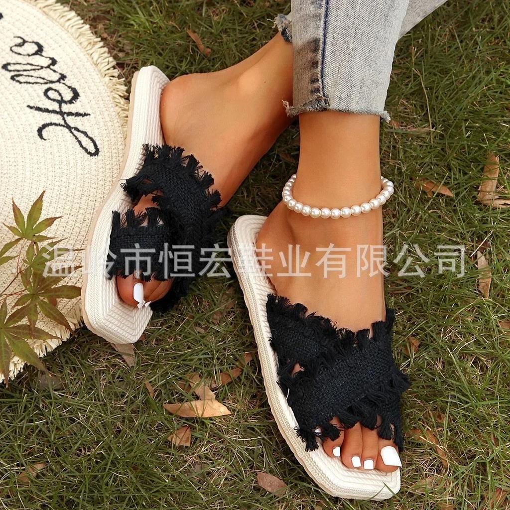 Summer Women Shoes New Bohemian Slippers for Women In Summer Comfortable Beach Sandals with Tassel Open Toe Flat Bottom Sandals