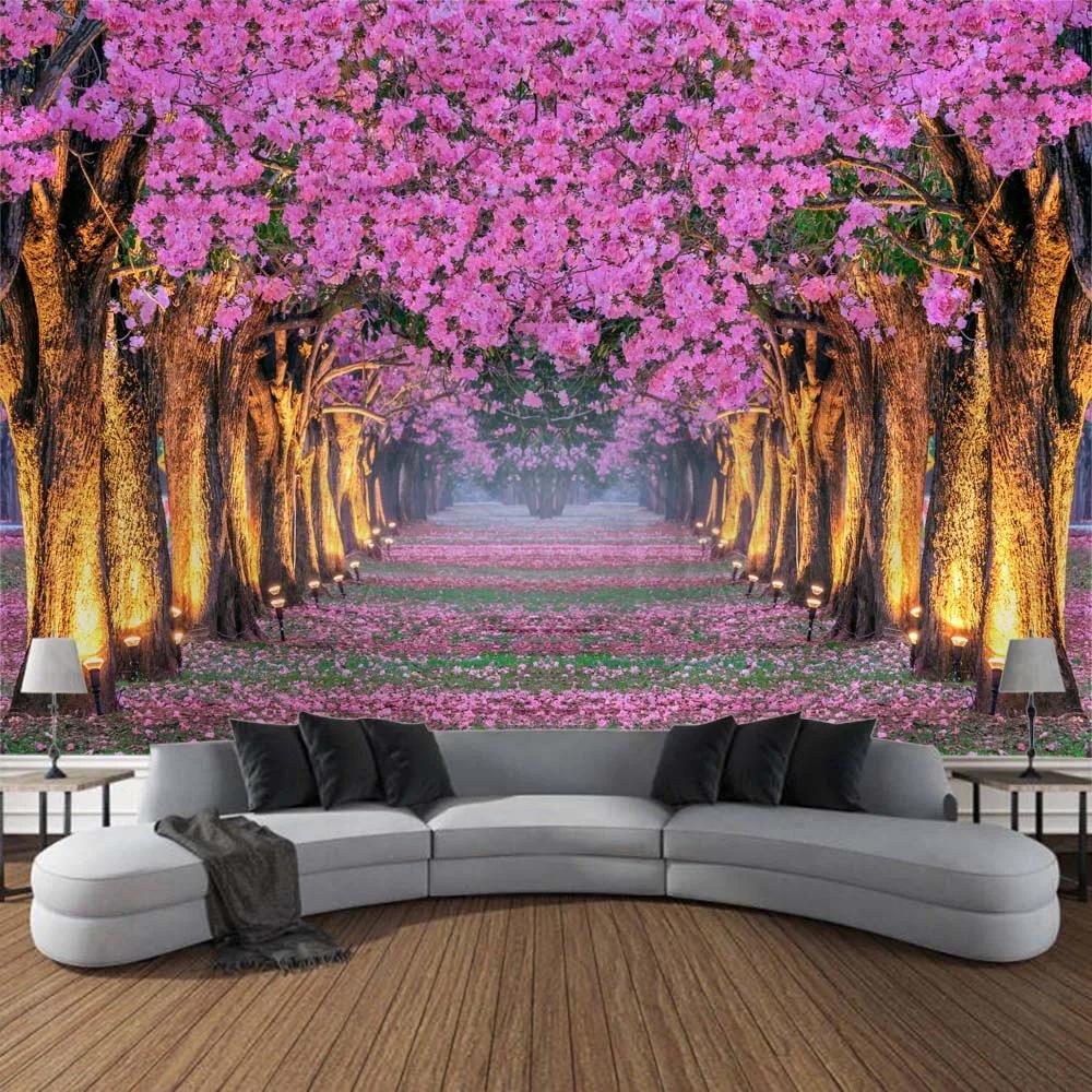 Cherry Blossom Landscape Printing Tapestry Home Wall Hanging Living Room Large Fabric    Decoration