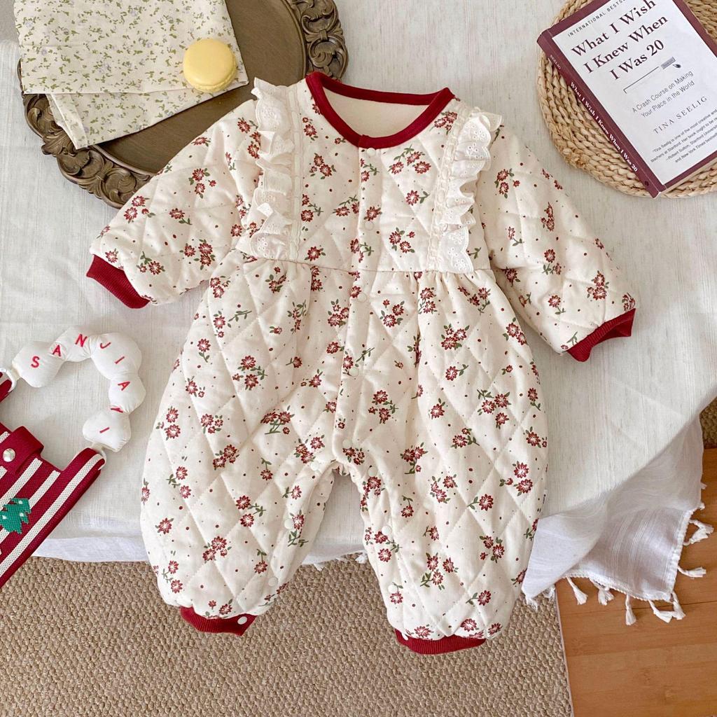 Korean Style Winter Fleece Romper for Baby Girls - Floral Lace Trim Outing Suit
