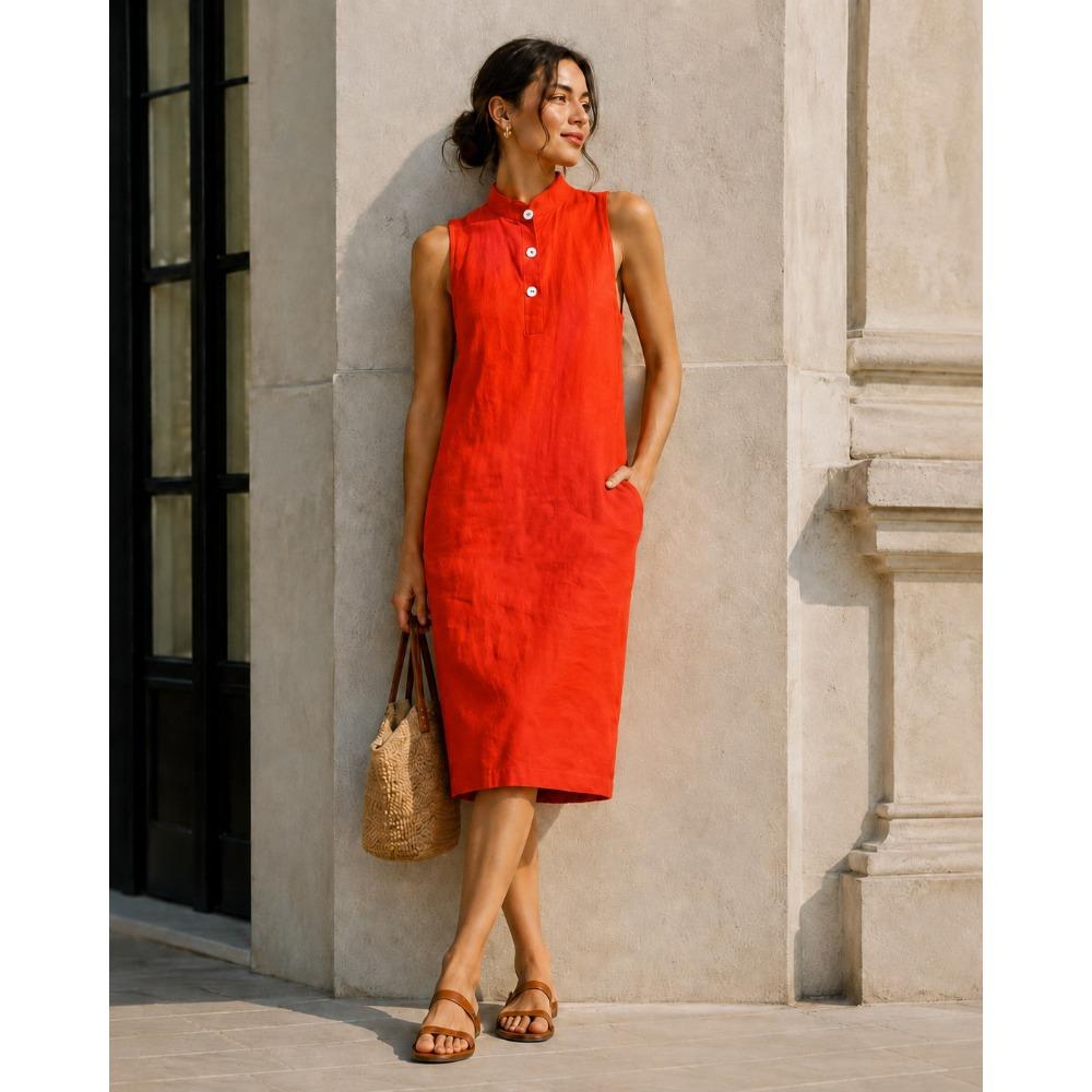 Women's Mandarin Collar Sleeveless Linen Blend Midi Dress Loose Fit Casual Straight Shirt Dress