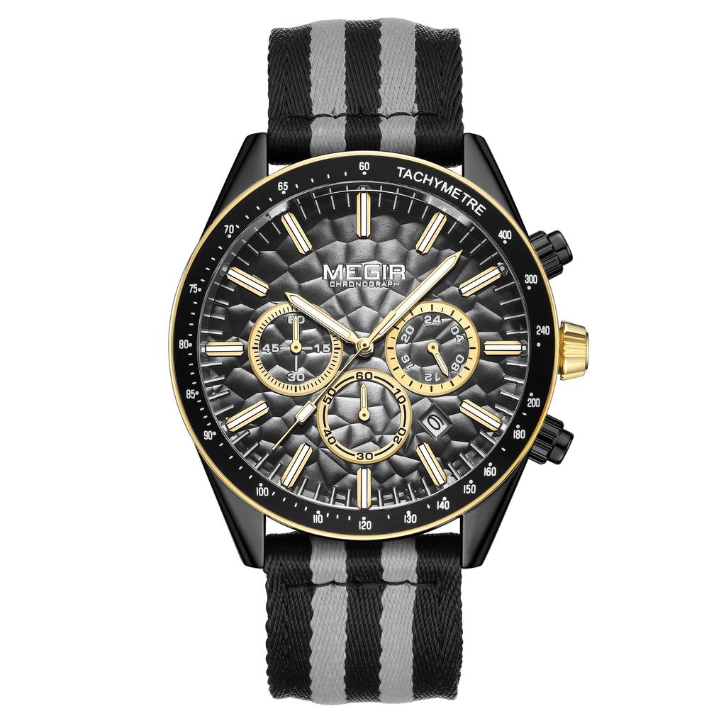 MEGIR Men's Sport Chronograph Watch, Outdoor Casual Quartz Wristwatch, 3ATM Water Resistance, Striped Canvas Band, Date Display
