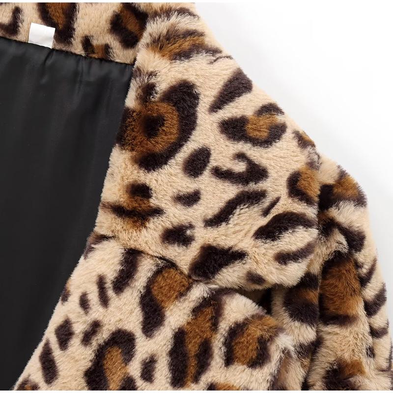 Volné kabáty z umělé kožešiny s leopardím potiskem Ženy Vintage Kožešiny s klopou Kapsa tlustší Podzim Zima Módní Dámský kabát