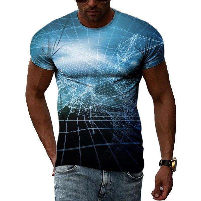 Handsome Men's Technology Element Pattern 3D T-Shirt Hip-Hop Style Casual Round Neck Tops Trendy Street Personality Clothing
