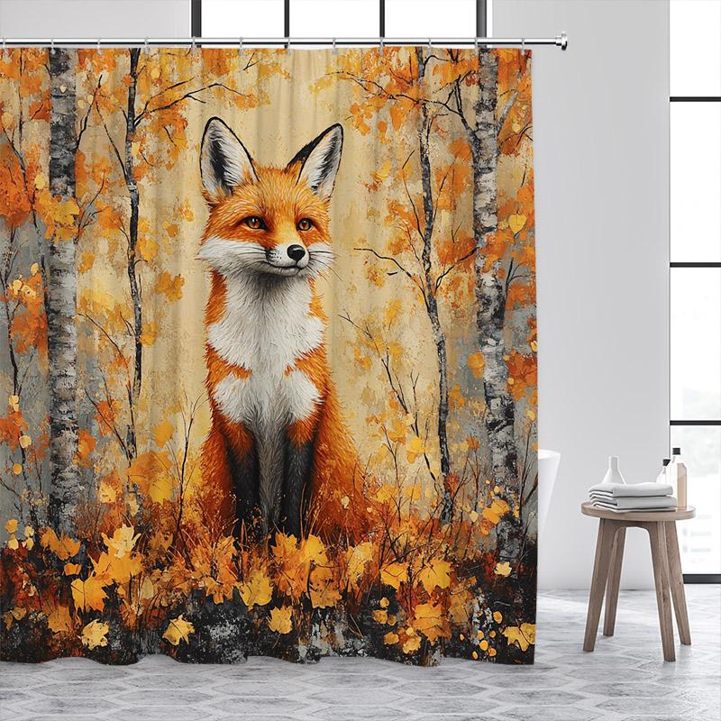 Funny Fox Shower Curtain Autumn Forest Maple Leaves Animal Fall Art Scenery Bath Curtains Fabric Home Bathroom Decor with Hooks