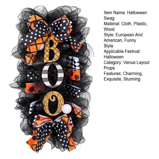 Halloween Swag Wreath for Front Door Scary Mesh Ribbon Boo Swag Garland with Bow for Party Wall Porch Decor