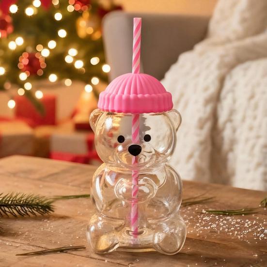 Bärenförmiger Trinkbecher mit Strohdeckel 500ml Hitzebeständiger Glasbecher Wiederverwendbarer Kaltgetränkebecher für Eiskaffee Milchtee Saft