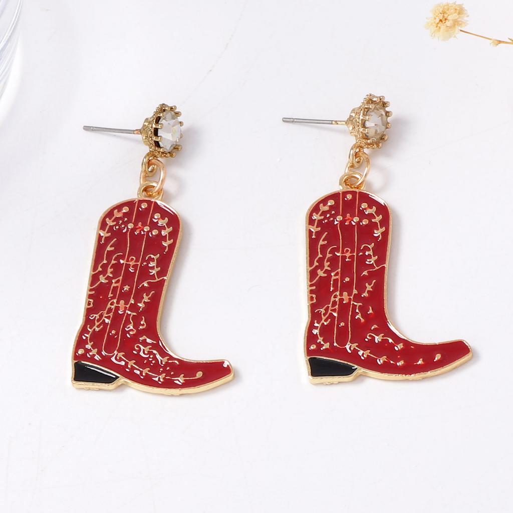 Western Denim Trend Light Luxury Design Sense Alloy Dripping Oil Unique Texture Dark Red Boots Earrings