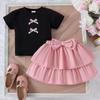 Girls' Fashion Set Spring and Summer Children's Casual Bow Print Short-sleeved and Pink Puffy Short Skirt Two-piece Set