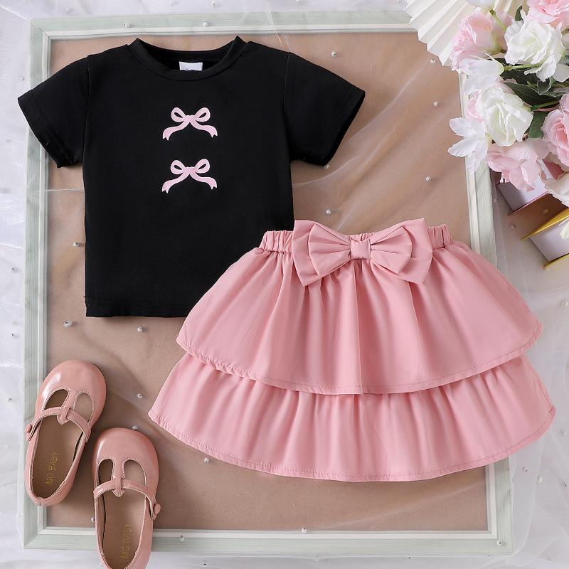 Girls' Fashion Set Spring and Summer Children's Casual Bow Print Short-sleeved and Pink Puffy Short Skirt Two-piece Set