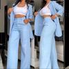 Damen Revers Split-Ärmel Blazer Weite Hosen 2-teiliges Set Einfarbige Elegante Büro Pendler Maßgeschneiderter Anzug