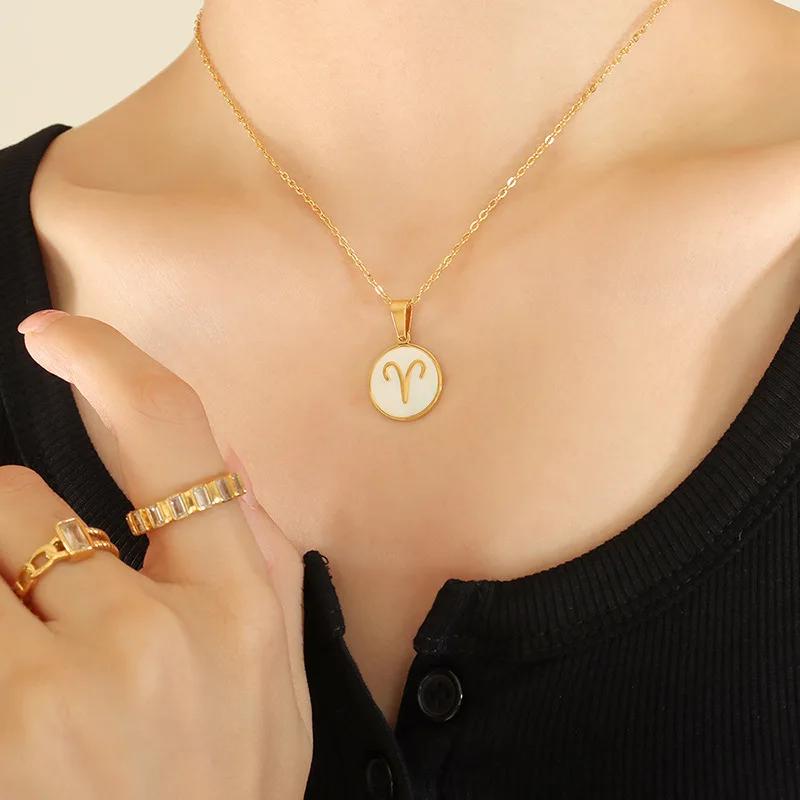 Fenny 18K Gold Plated Waterproof Fashion 12 Zodiac White Seashell Coin Pendant Choker Chain Stainless Steel Necklace