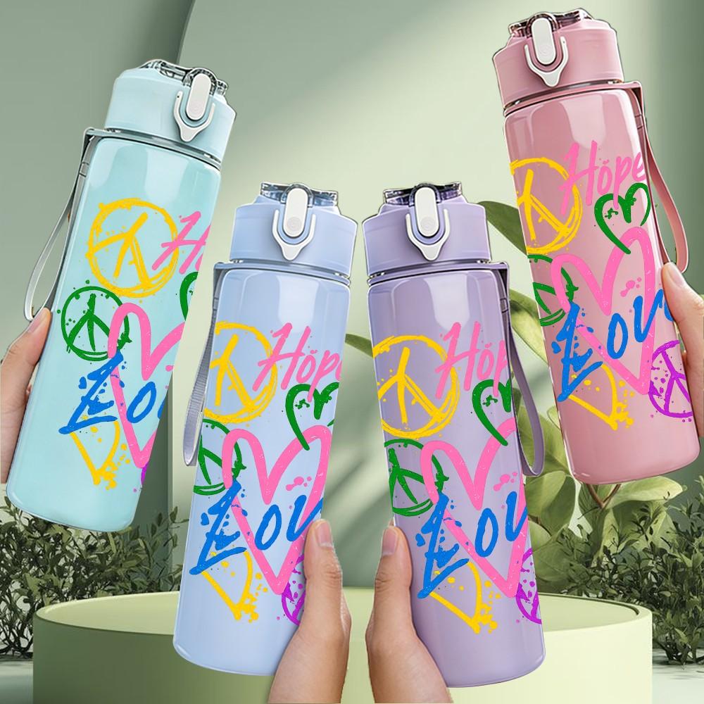 1PC Hope Love Peace Colorful Letter Print 750ml Color Plastic Sports Water Bottle Leakproof Flip Straw Lid Suitable for Sports Office Home Use