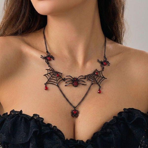 Gothic Punk Double Layer Black Spider Web Necklace For Women Red Crystal Waterdrop Spider Pendant Choker Party Statement Jewelry