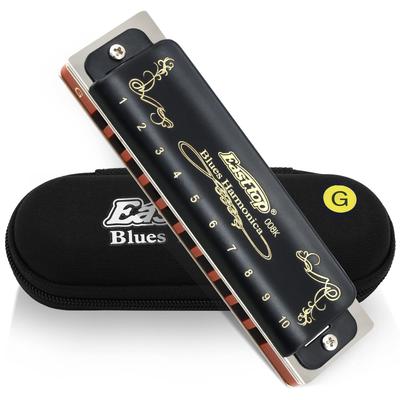 East Top Blues G 20 Laiton Toile Nettoyage Harmonica Diatonique Professionnel, 10 Trous, Clé, Notes, Couvercle, Étui, Chiffon, (T008K-BK-G-gm)