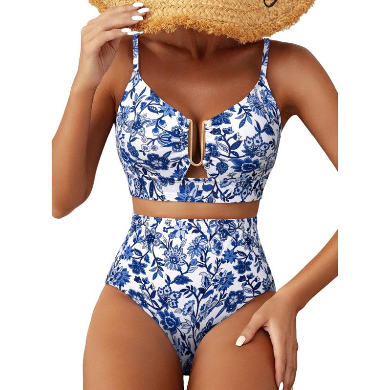 Women Floral High Waisted Bikini U Metal Ring Front Two Piece Spaghetti Strap Beach Swimsuit