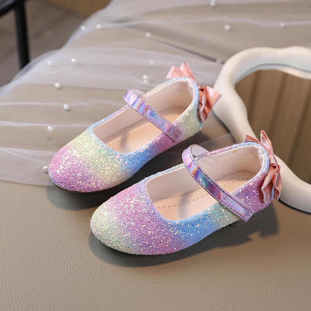 Spring new style girls' soft-soled leather shoes with rainbow sequins and bow, princess dress shoes, flat large size loafers for children
