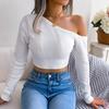 Women's Autumn and Winter Fashion Casual Sexy Hollow Out Strapless Long Sleeve Short Neckless Knitwear Sweater