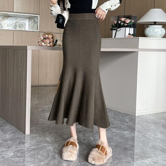 Fishtail Skirt Elastic High Waist Hip Wrapped Maxi Skirt Solid Color Office Lady Knitting Long Skirt Work Leisure Wear