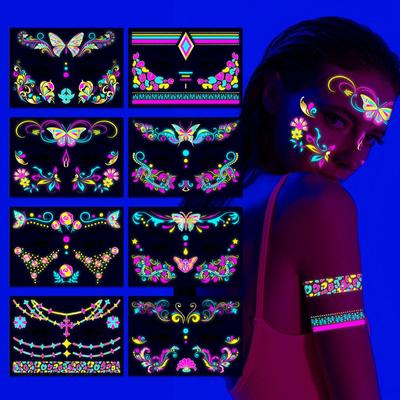 Novo Festival de Música Pó Bronzeador Fluorescente Adesivo Facial À Prova D'Água Maquiagem para Boate Dança Neon Luminoso Adesivo de Tatuagem