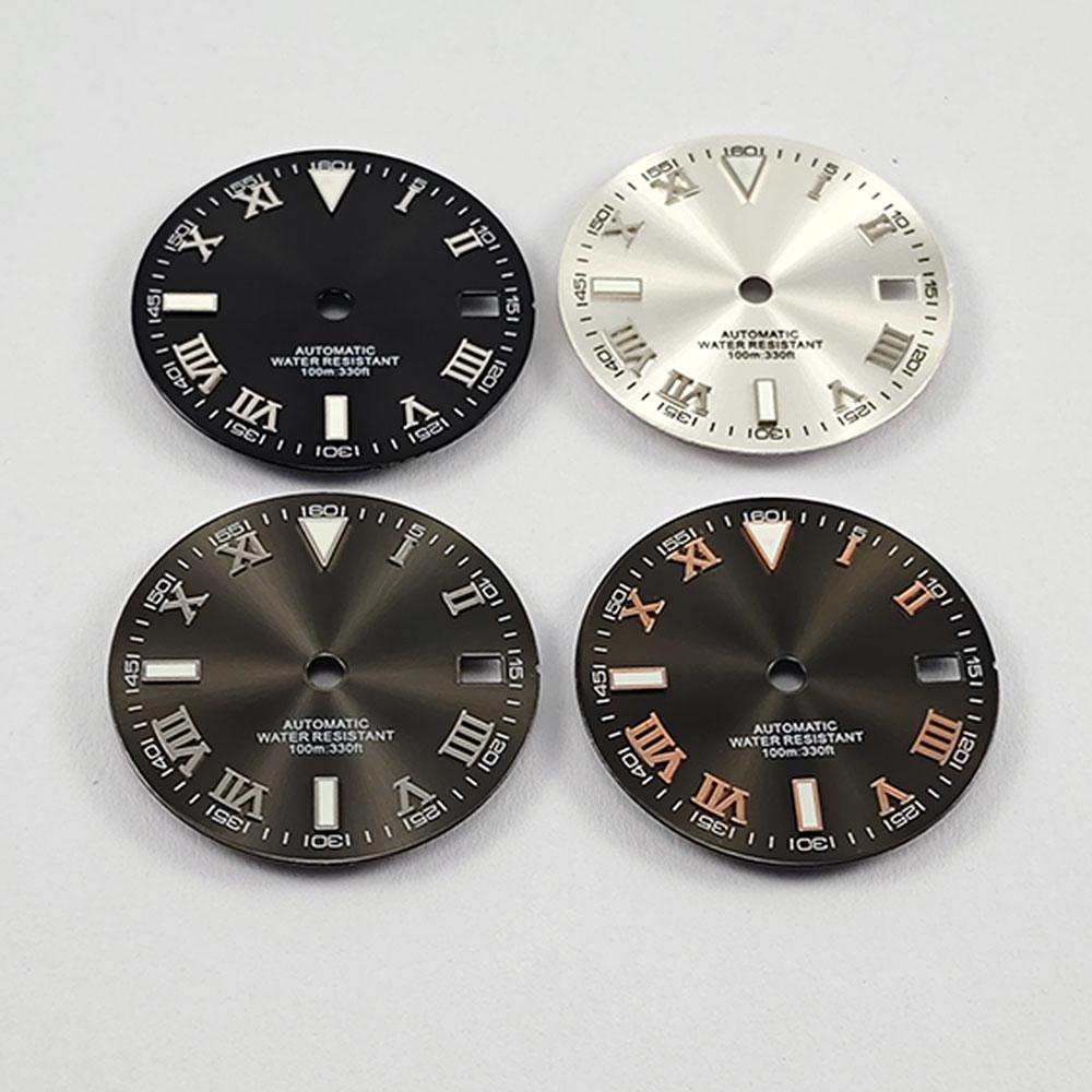 NH35 29mm No Logo Sterile Sunburst Watch Dial For NH35A NH36 Movement Green Luminous Silver/Rose Gold Roman Numeral Nail Dial