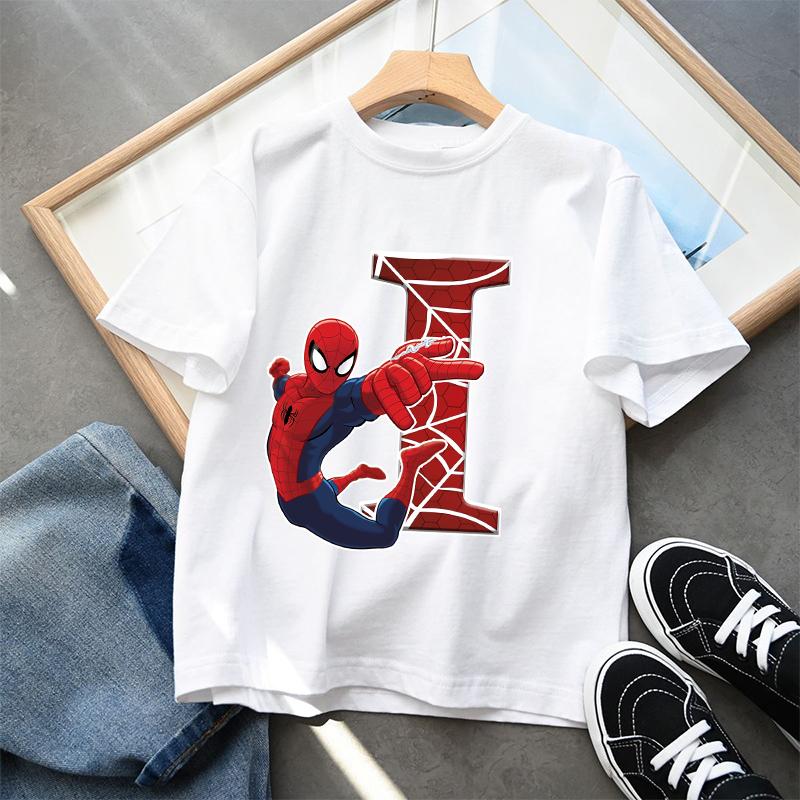 2026 New Childrens Spider Unisex Cartoon Letter Printed Tshirt Cotton Tshirt Boys Short Sleeved Top Childrens Clothing