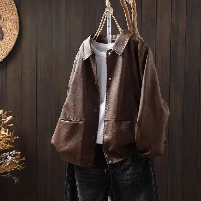 

Women s Plus Size Casual PU Leather Motorcycle Jacket with Turn-Down Collar L, Recommended 100-120 lbs