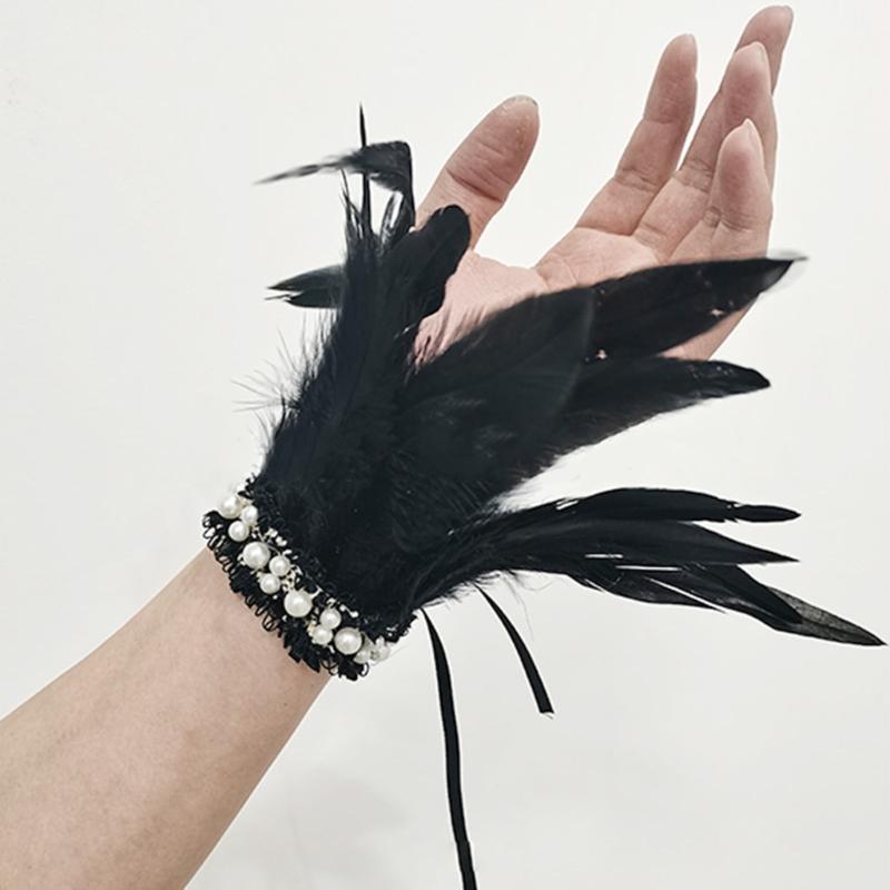 Women Natural Fur Feather Cuffs Sexy Cuffs With Feathers Feather Cuff Snap Bracelet Sleeves Wrist Arm Removable Shirt