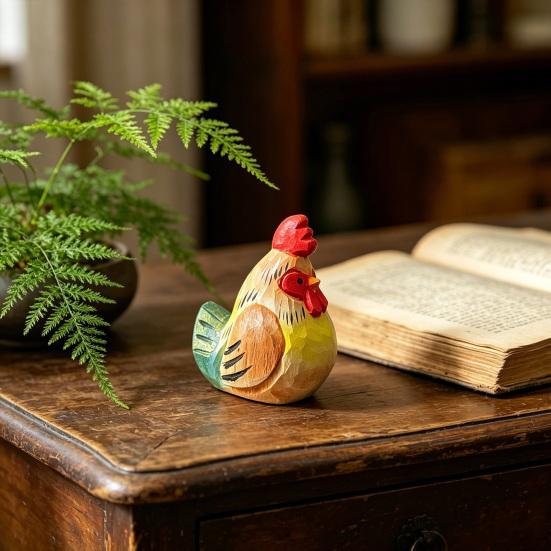 Hand-Carved Wooden Rooster Figurine Farmhouse Chicken Sculptures Rustic Animal Statue for Home Shelf Desk Kitchen Decor Gift for Chicken Lovers