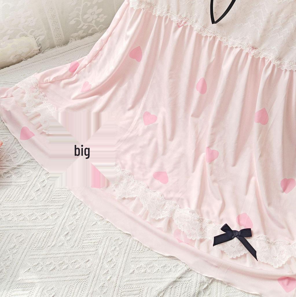 Women's Japanese Ice Silk Pajama Set: Printed Strappy Nightgown with Bow, Sweet Sexy Style, Includes Thin Bra Pads for Home Wear.