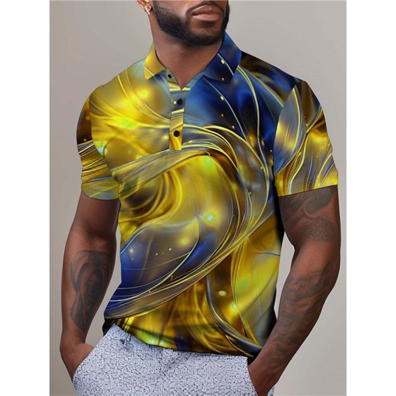 Herren 3D-gedrucktes einfaches atmungsaktives kurzärmeliges Button-Poloshirt