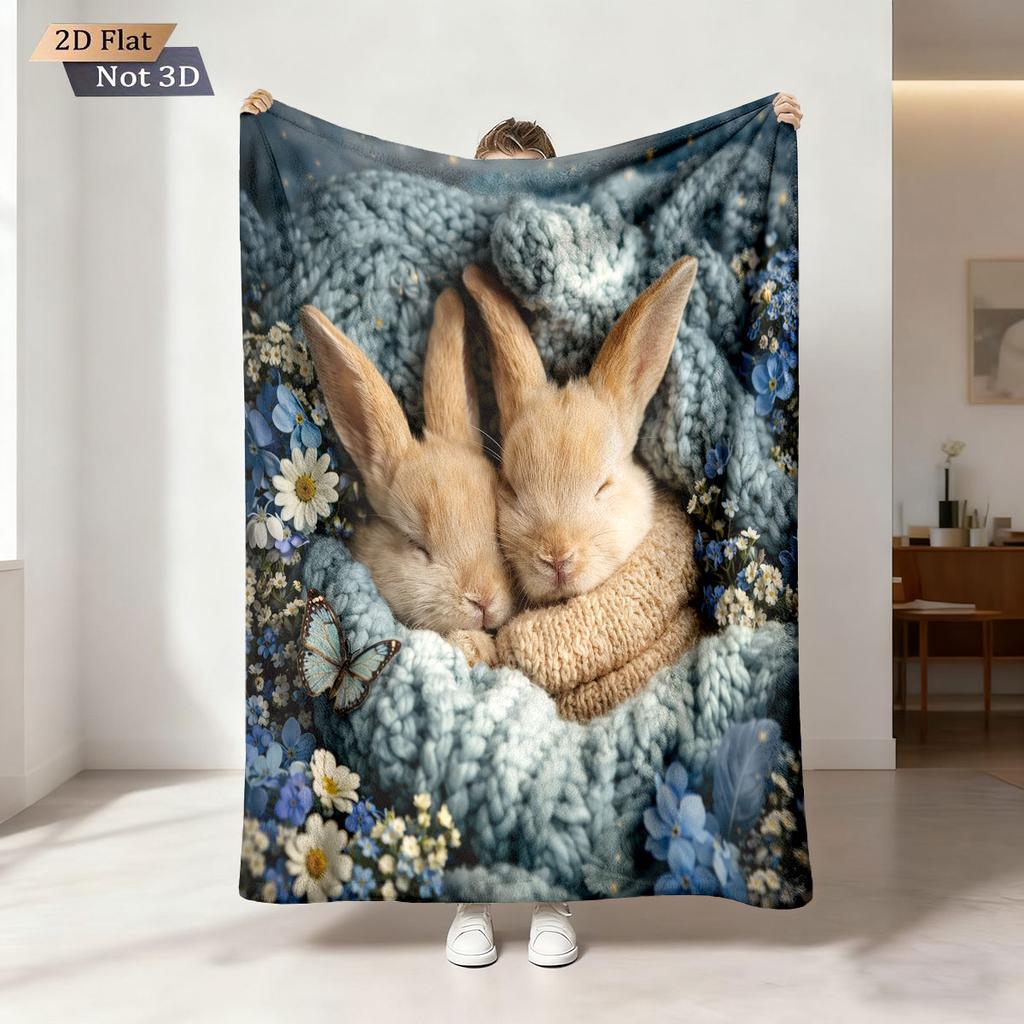 1pc Easter Cartoon Rabbit Printed Flannel Blanket With Various Sizes Soft And Comfortable Nap Cover Machine Washable