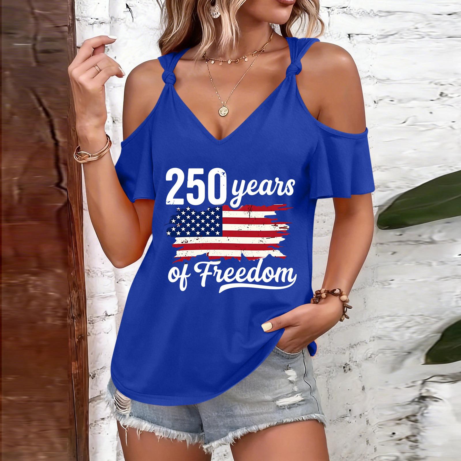 

Women s Casual Fashion Independence Day Printed Strappy Neck Off-Shoulder Short-Sleeve T-Shirt XXL синій