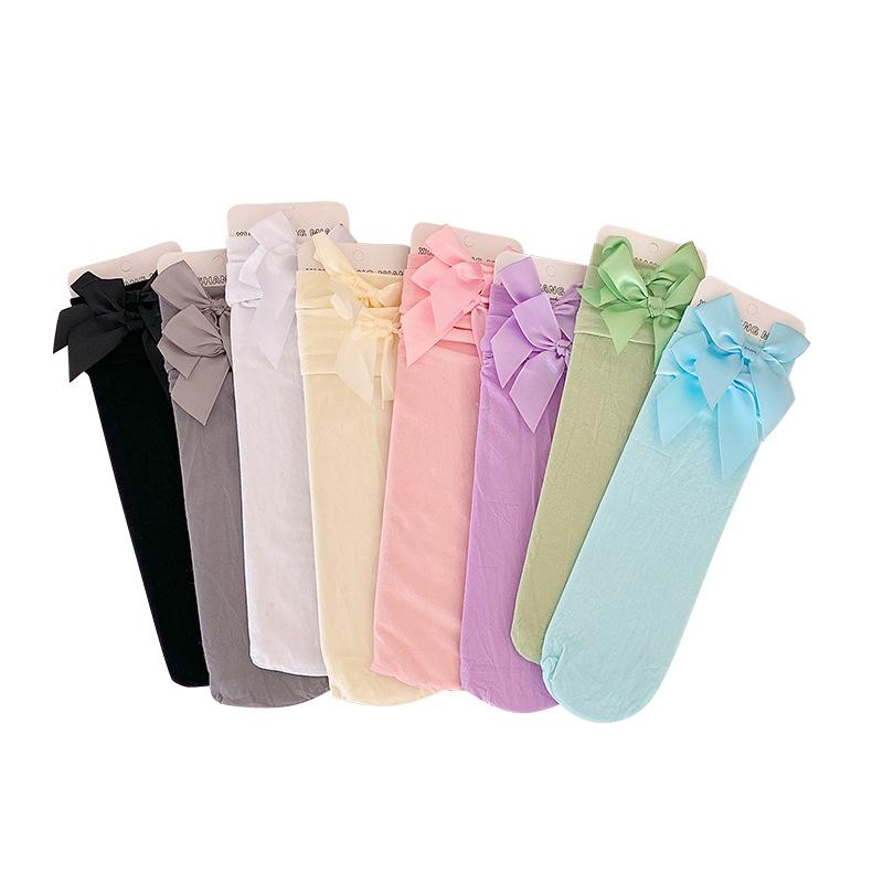 Bow Socks Spring/Summer Thin Mid-calf Socks Velvet Ice Silk Candy-colored Dui Dui Lolita Thigh-high Socks