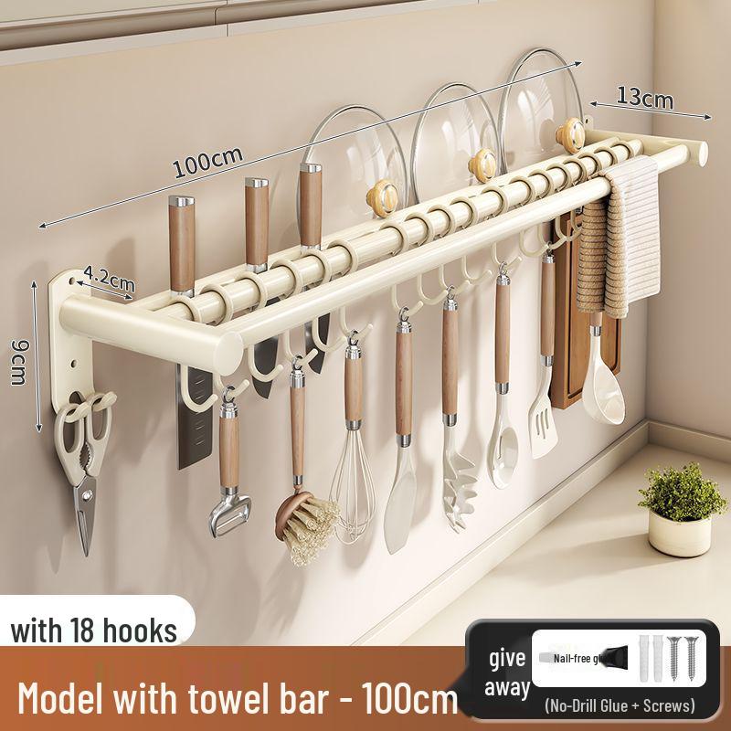 Stainless Steel Wall-Mounted Kitchen Hook & Pot Lid Rack with Knife Holder.