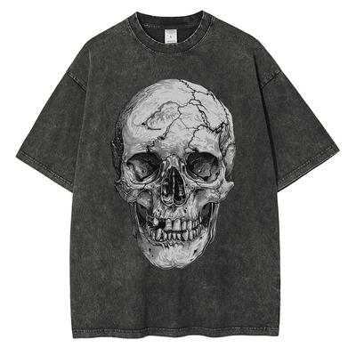 Schweres reines Baumwoll-Wasch-T-Shirt mit großem Totenkopf-Aufdruck, Drop-Shoulder, Vintage Oversized T-Shirt