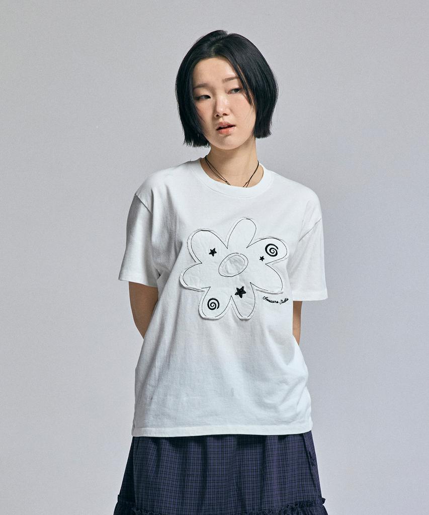 AWESOME STUDIO Flower Patchwork Short Sleeve T-Shirt Ivory