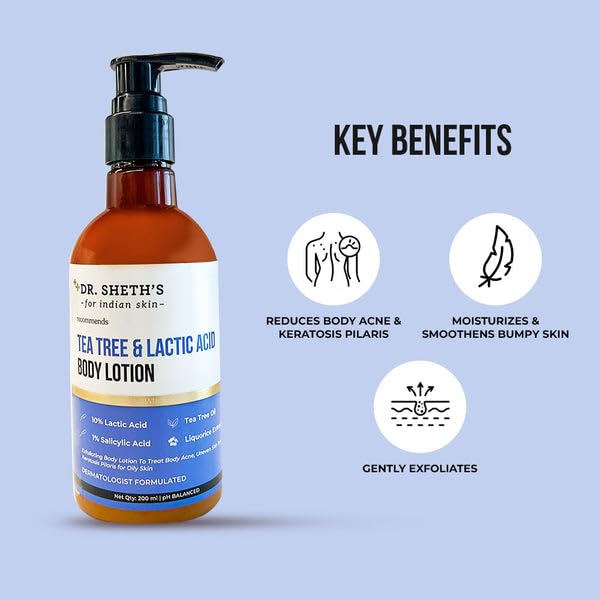 DR. Sheth's Teebaum & Milchsäure Körperlotion 200 ml | Peeling, Feuchtigkeitsspendend, Nicht Klebrige Hautpflege