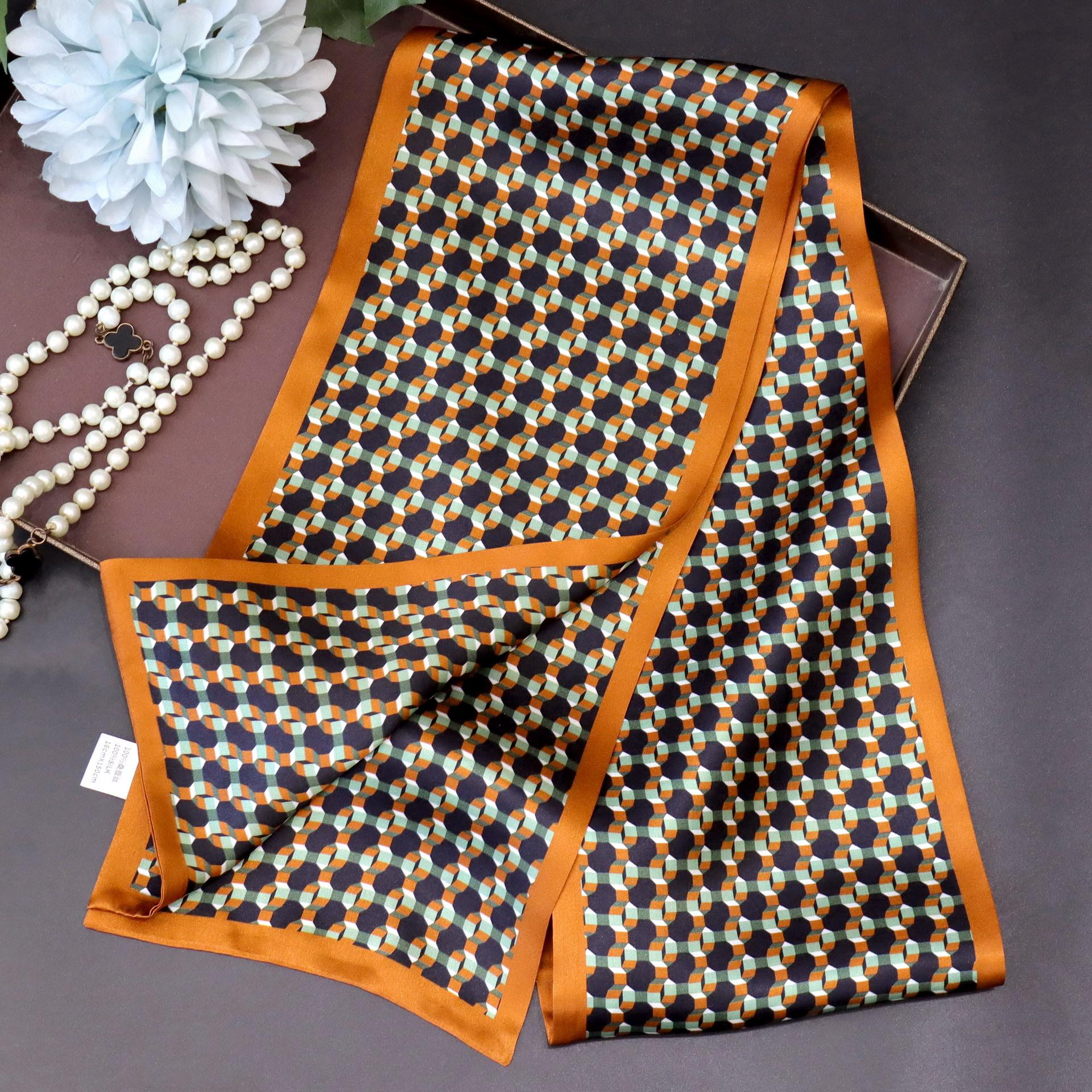 Geometric mulberry silk streamer women s spring and autumn with double-layer silk long scarf scarf long strip high-end silk scarf 150*16CM