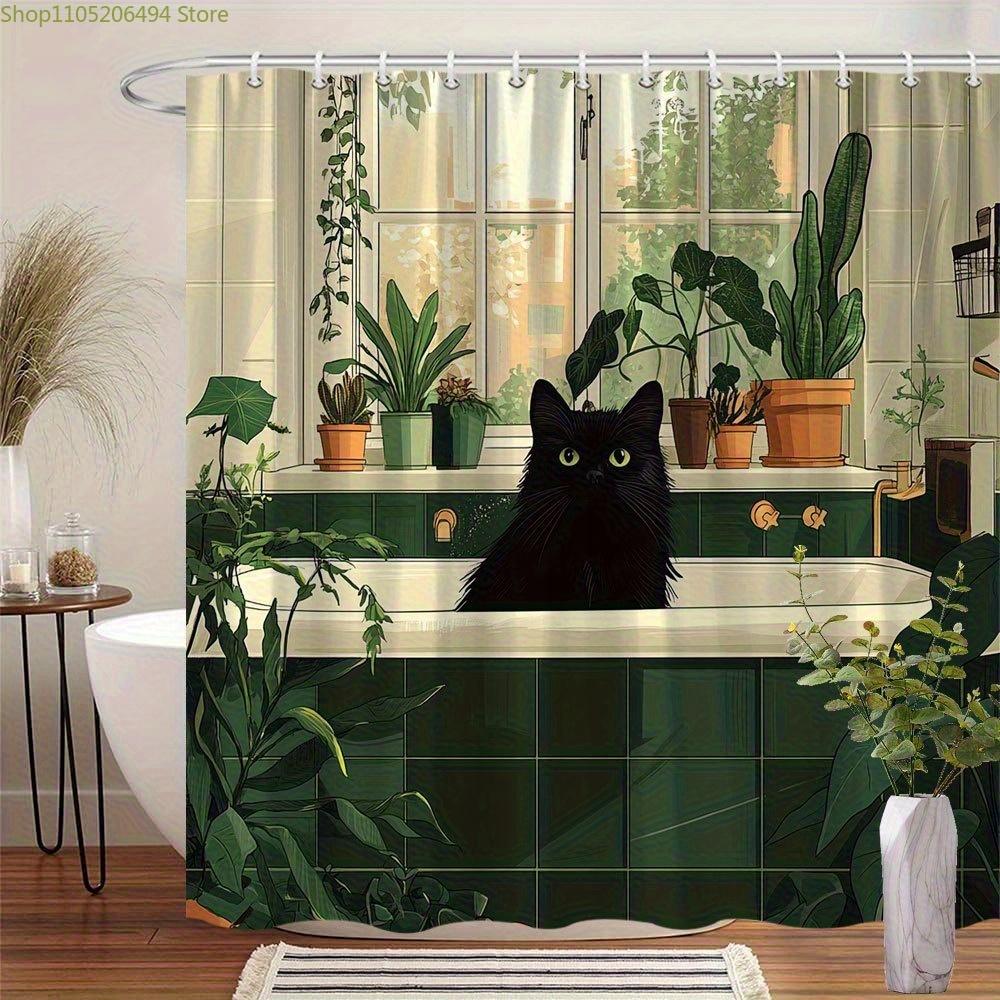 

1Pc Cat In Bathtub Print Shower Curtain, Digital Print High-End Elegant Vintage Bathroom Decor, No-Hole Wide Ring Bathroom Div W60H190(CM)-1 Pcs