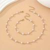 Kpop White Imitation Pearl Choker Necklace Bracelet Set For Women Vintage Silver Color Beaded Neck Chain Bridal Jewelry Gifts