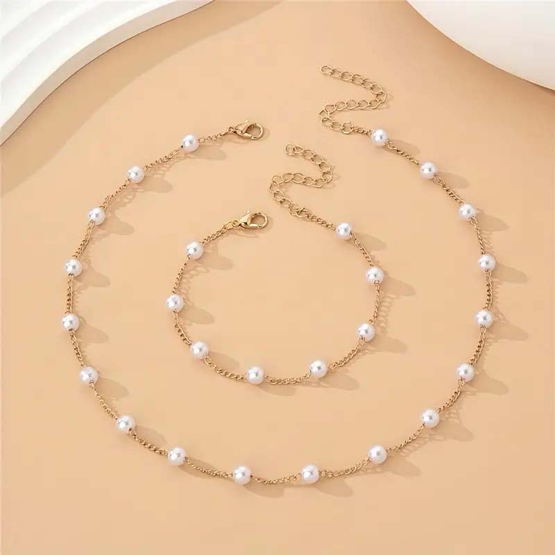 Kpop White Imitation Pearl Choker Necklace Bracelet Set For Women Vintage Silver Color Beaded Neck Chain Bridal Jewelry Gifts
