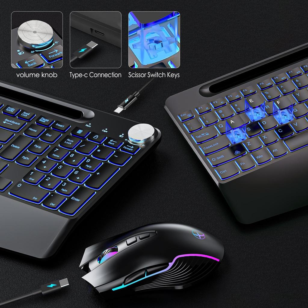 2.4G RGB Wireless Ergonomic Keyboard & Mouse Set with 7-Color Backlit and Anti-Sleep Jitter