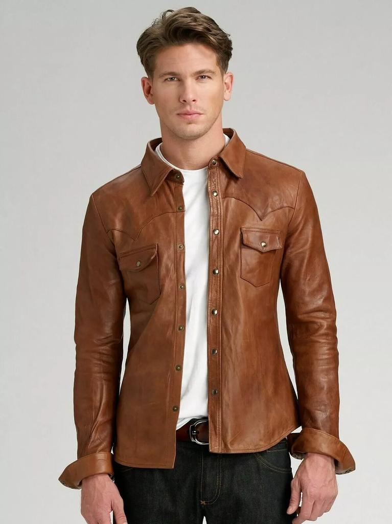 Party Stylish Real Handmade Men Shirt Brown Formal Casual 100%Lambskin Leather