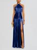 Metalic Sheen Elegant Sleeveless Backless Dress With Slit For Party And Evening Wear