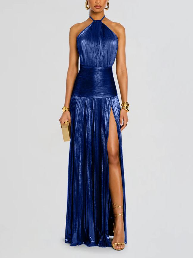 Metalic Sheen Elegant Sleeveless Backless Dress With Slit For Party And Evening Wear