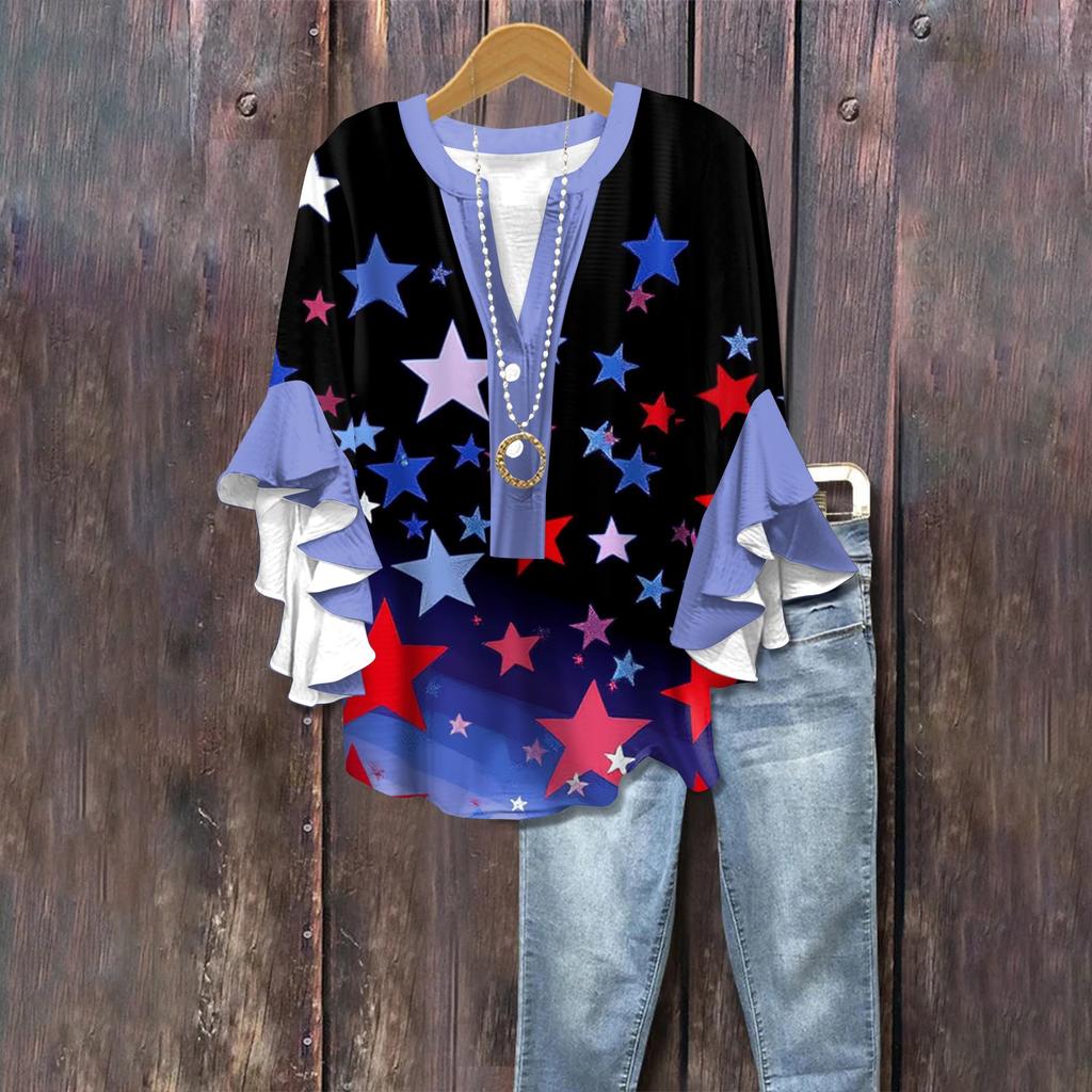 Summer Women's Tops V Neck Seven Sleeve Shirt Independence Day Printed Tops Casual Shirt